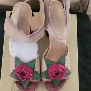 Pink and Green Sandals with Floral Embellishments